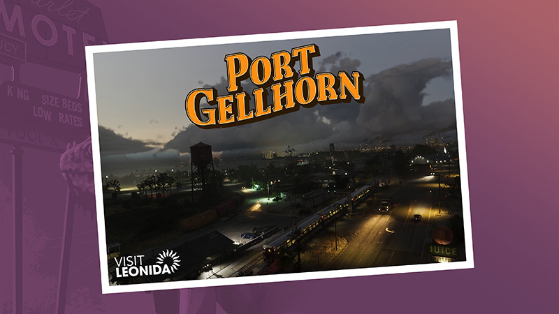 PORT GELLHORN postcard: twilight aerial view of an industrial port town with illuminated streets, a freight train on tracks, water towers, warehouses, and distant city lights under a cloudy sky; stylized orange “PORT GELLHORN” text across the top.
