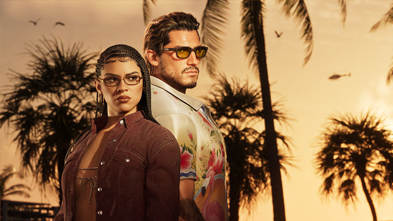 GTA6 official Premium Edition exclusive scene: Two protagonists stand back-to-back at golden hour—woman in braided hair, glasses, and a rust-colored denim jacket; man in floral-print shirt and amber-tinted sunglasses. Silhouetted palm trees, distant helicopters, and warm sunset light evoke a cinematic, sun-drenched coastal tension.