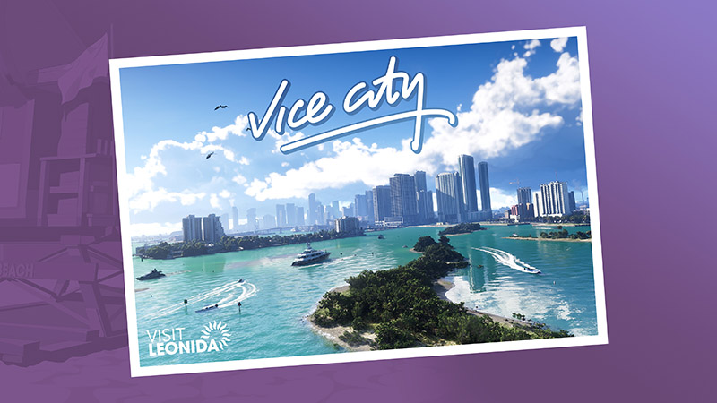 VICE CITY postcard: sunny coastal skyline with modern skyscrapers, turquoise water, speedboats and yachts, and green islands; stylized “Vice City” script across the sky.