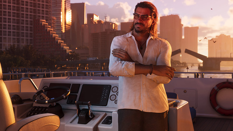 A GTA 6 character standing on a yacht deck against a Miami-inspired skyline at sunset.