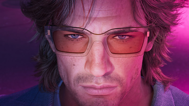 A close-up of a GTA 6 male character under vivid neon lighting looking forward.