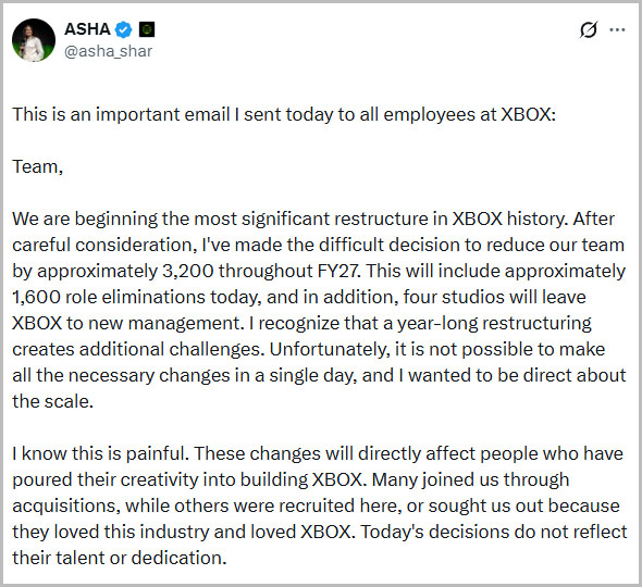 Xbox CEO Asha Sharma’s internal memo announcing ~3,200 layoffs and four studio departures.