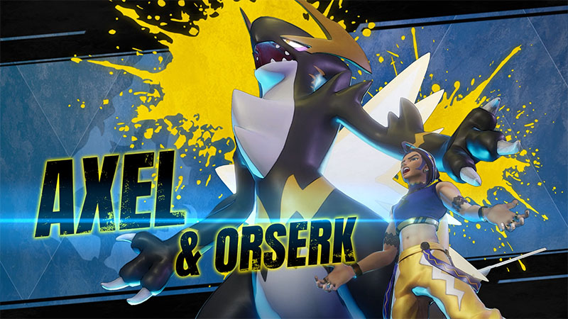 Axel & Orserk — A blond boy stands beside a large black-and-yellow dragon-like Pal against a blue-and-yellow splatter background.