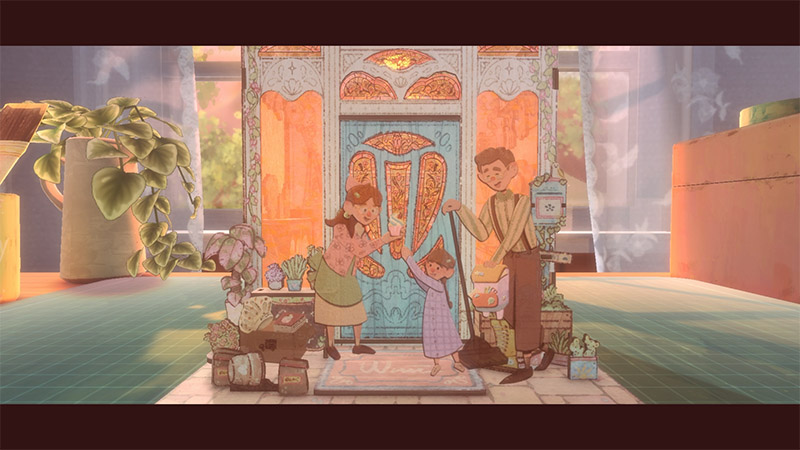 a family of three stands before an ornate blue carved door—mother and daughter reach toward its decoration, father holds a brown backpack and smiles; a potted plant and boxes are on the left, a green grid mat covers the floor, with a sunlit window in the background.