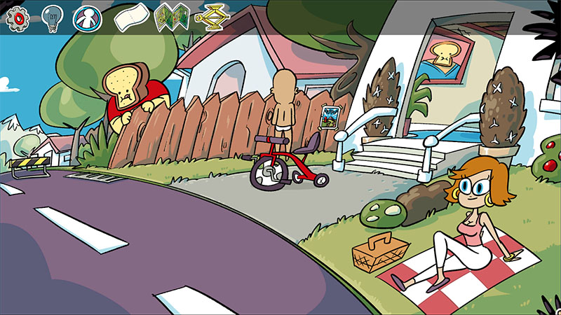Girl with glasses picnics on blanket; Bru stands by red tricycle; personified toast peeks over fence; toast portrait hangs on porch.