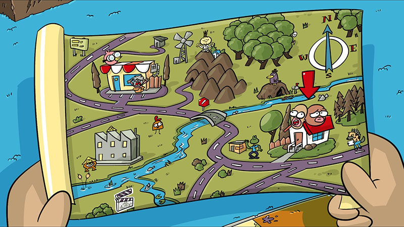 Hand-drawn scroll showing village paths, river, windmill, and characters; red arrow points to red-roofed house with two startled figures; clapperboard icon at bottom-left.