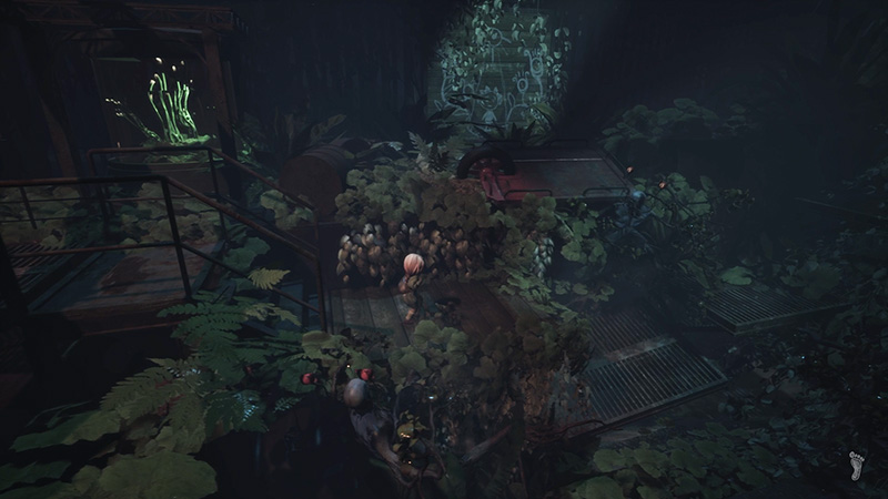 A little girl with short light-colored hair crouches among overgrown ferns and vines in a dark, abandoned industrial space. Metal grates, rusted railings, and glowing green bioluminescent plants surround them. Faint blue-green symbols are projected on a distant wall.