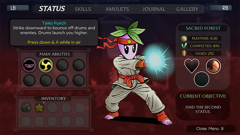 Kodama status screen: a radish character with leaf headband punches, emitting blue energy; left shows “Taiko Punch” ability description and main skill slots; top-right displays “Sacred Forest” progress (30s playtime, 85% completed, 292 gold); bottom shows current objective: “FIND THE SECOND STATUE”.