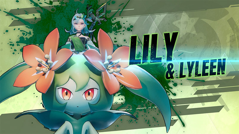 Lily & Lyleen — A blue-haired girl holding a weapon rides a floral Pal against a green splatter background.