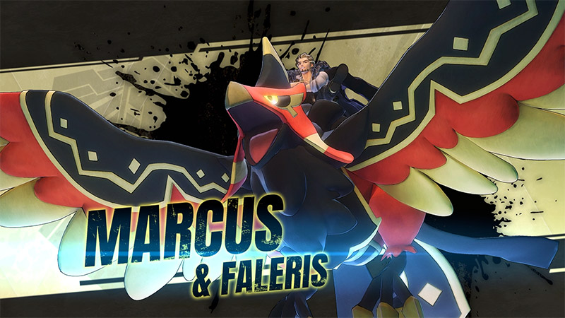 Marcus & Faleris — A silver-haired man rides a large bird-like Pal with red, black, and blue coloring and geometric patterns, against a gray-white cracked and black splatter background.