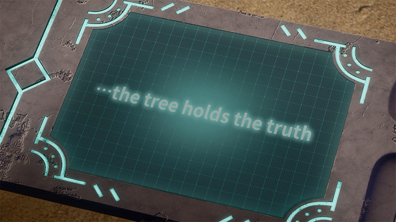 A stone tablet with glowing runes; central grid screen displays: “…the tree holds the truth”