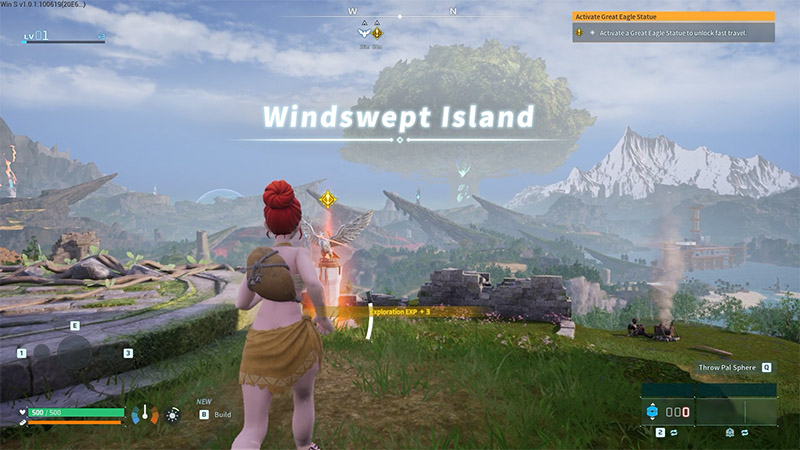 A character stands on grass facing a floating island labeled “Windswept Island”, with snow-capped mountains and ruins in the background.