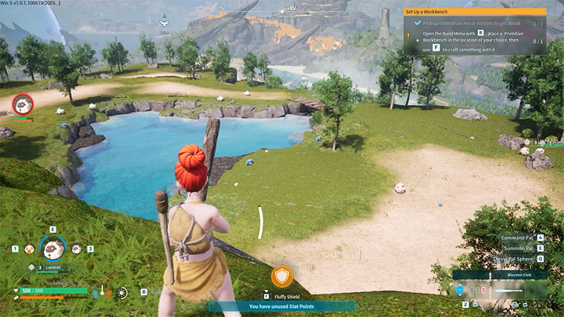  Character stands in a suitable settlement spot—open grassland beside a pond and trees—with on-screen prompt “Set up a Workbench”, indicating intended base construction location.
