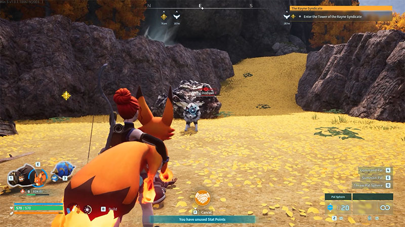 I hold the Pal Foxparks and face the coyote ahead, leaning slightly forward in a standoff.