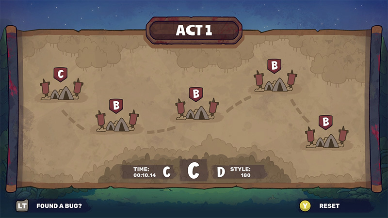 A parchment-style map for Act 1 shows five camp locations. Each camp has a red banner with a letter—B or C—indicating the player’s achieved rating for that level. Dashed lines connect camps, suggesting progression paths.