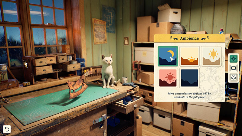 Ambience customization menu in Reshine: select time of day and weather (e.g., rainy dusk, sunny noon) to change the workshop window view.