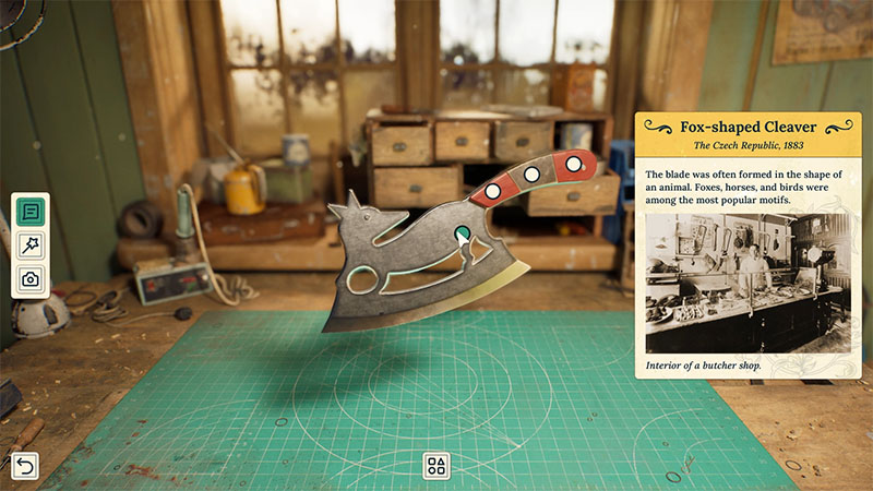 A fox-shaped metal cleaver hovers mid-air above a green cutting mat. To its right, an info panel displays historical background and a vintage photo of a butcher shop interior.