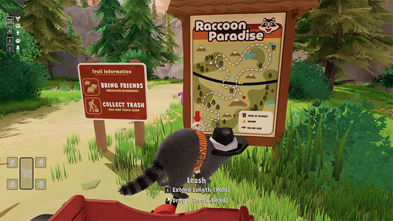 A raccoon in a hat and scarf stands by a “Raccoon Paradise” trail map sign and a red “Bring Friends / Collect Trash” notice in a forest clearing.