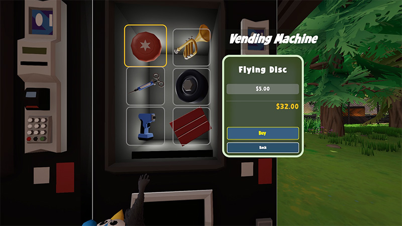 A vending machine displays six items including a tomato, trumpet, scissors, tire, drill, and red fabric. A green panel shows “Flying Disc” for $5.00 (discounted from $32.00).