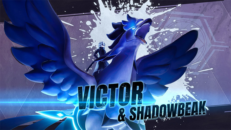 Victor & Shadowbeak — A silver-haired man stands with hands on hips atop the deep-blue avian Pal Shadowbeak, whose wings are spread wide and head raised in a cry, beak and eyes glowing blue; background features blue-and-white splatter and purple-gray tech motifs.