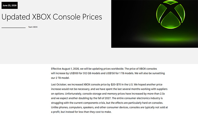 Xbox console price update: +$100 for 512GB, +$150 for 1TB models, effective Aug 1, 2026; 2TB discontinued.