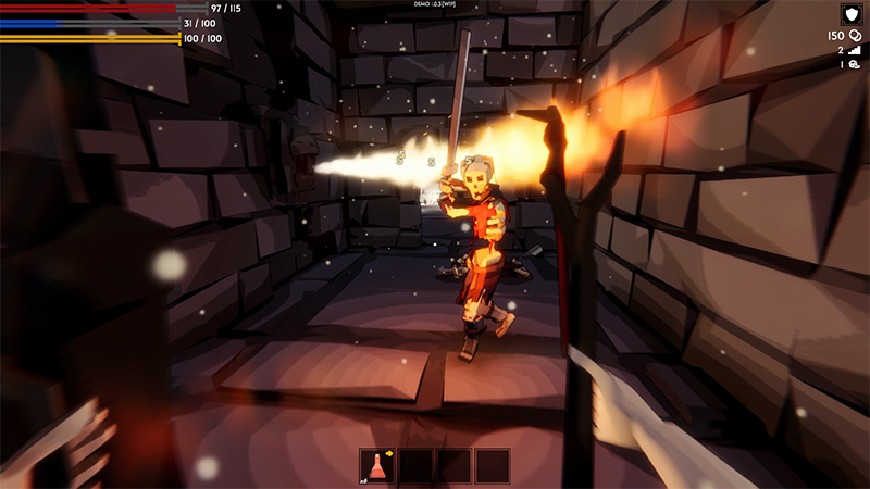 A skeletal enemy in red armor charges forward through a narrow stone corridor, sword extended toward the viewer. A wall-mounted trap on the right erupts a jet of orange flame that strikes the enemy’s side, causing sparks and debris to scatter. The enemy’s posture remains aggressive and forward-moving despite the impact.