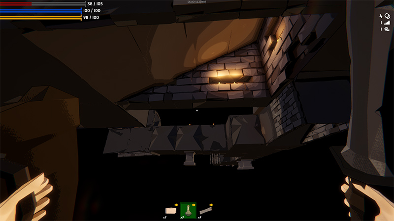 First-person view from outside a stone dungeon structure, looking upward at its underside. Exposed wooden support beams and rough-hewn stone blocks form the exterior base. A wall-mounted torch on the right illuminates part of the stonework. The player’s hands hold a sword and shield in the foreground. Dark empty space surrounds the structure, with small debris particles floating in the air.