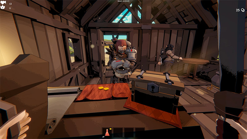 First-person view inside a wooden shop with slanted ceiling beams and a large window showing bright outdoor light. In the center, a red-haired NPC wearing armor and a backpack stands behind a counter, holding a small metallic object in both hands. To the right, another armored NPC leans on a round wooden table, one hand resting on its surface. On the counter are two orange diamond-patterned cloth pieces, a closed chest with a metal latch, and scattered gold coins.