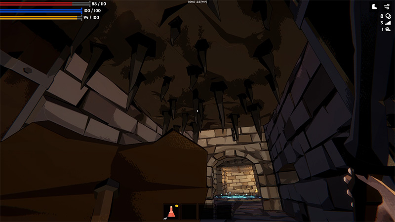 The ceiling is lined with numerous dark, pointed metal spikes hanging vertically, their tips directed downward toward the floor. Stone walls and broken brickwork frame the passage. In the distance, an arched opening reveals a dimly lit chamber with a glowing blue pool on the ground.