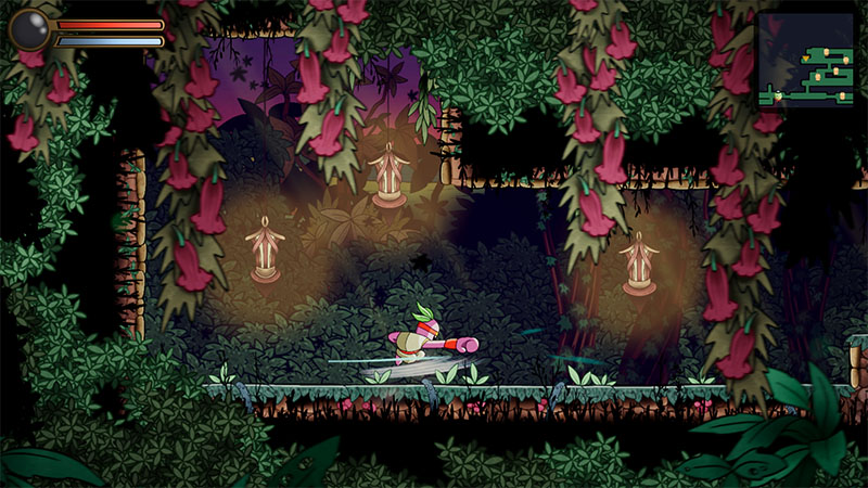 Kodama forest level: radish protagonist strikes forward with right fist, emitting blue energy from knuckles; standing on a vine-covered platform; three glowing humanoid statues hang above; surrounded by dense green leaves and pink trumpet flowers; dark jungle in background.