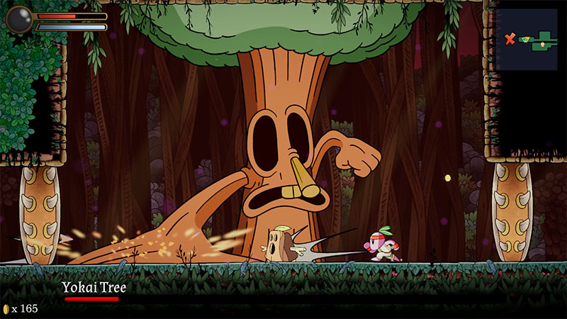 Radish protagonist dodging a giant tree boss and its minion on a hand-drawn forest stage.