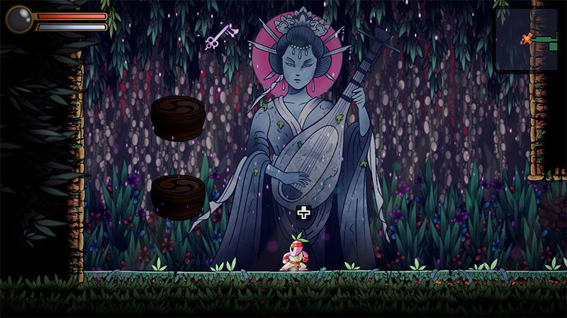 Radish protagonist standing before a giant stone statue of a lute-playing goddess in a shrine area.