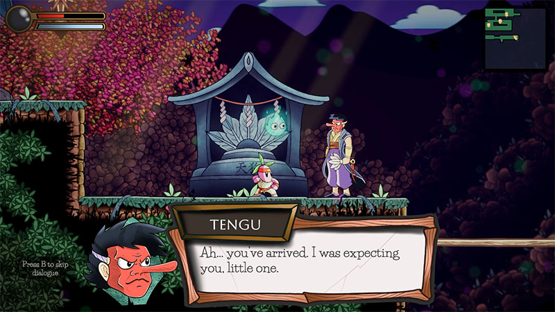 Radish protagonist talking to an NPC Tengu in front of a small shrine with a green spirit.