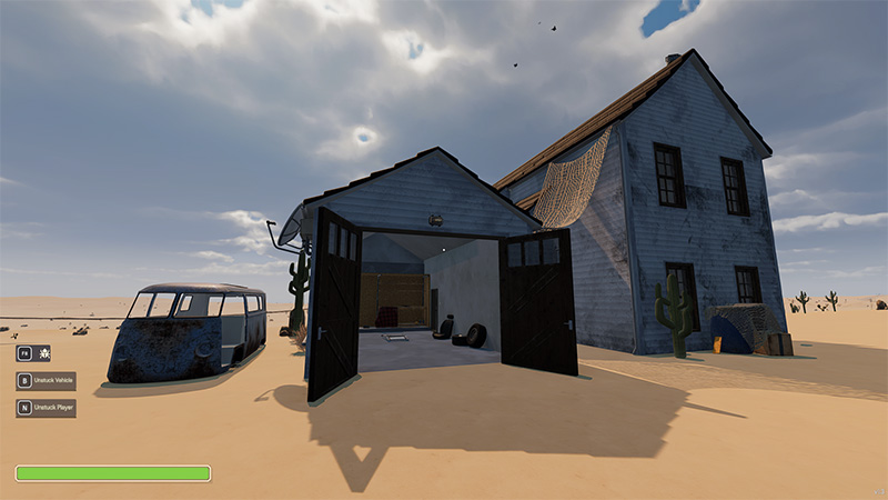 a wooden house with a sloped roof and open double-door garage; inside the garage, seats and storage crates are visible; an aged panel van is parked to the left; nearby stand cacti, metal barrels, and a small tent on sandy ground under a partly cloudy sky.