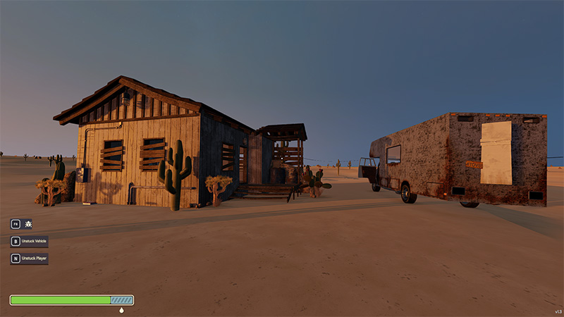 A temporary resource location in a desert at dusk: to the left, a wooden cabin with a porch and boarded windows; to the right, an aged motorhome parked on flat sand; cacti and metal barrels are scattered nearby, with sparse desert vegetation visible in the distance.
