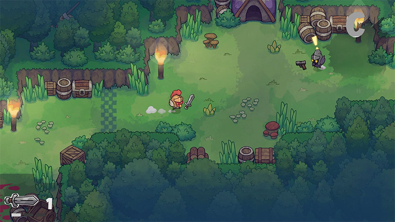 A hand-drawn top-down scene: a chicken in armor with red accents holds a sword on grassy ground. Nearby, a crow aims a pistol. Wooden crates, torches, barrels, and a tent are visible in the forested background.
