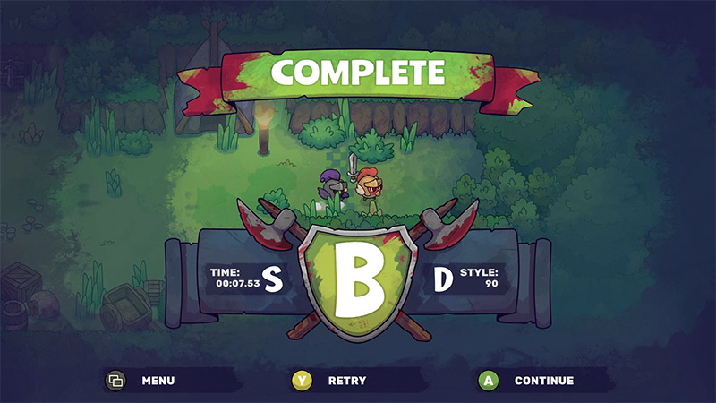 A chicken in armor with red accents standing beside a crow holding a pistol, both on grassy ground near bushes and torches. Above them, a banner reads “COMPLETE”. Below, a shield displays the letter “B”, indicating the level’s rating; adjacent text shows time (00:07.53) and style score (90).