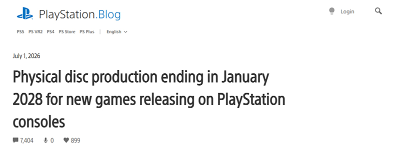 PlayStation Blog article header dated July 1, 2026: "Physical disc production ending in January 2028 for new games releasing on PlayStation consoles"