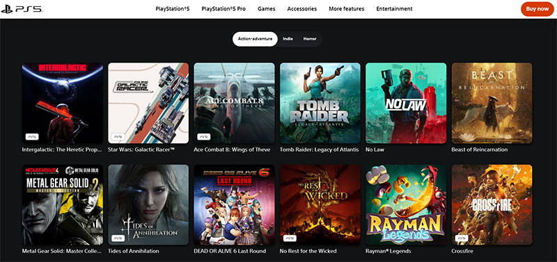 PlayStation Store (PS5) digital storefront showing a grid of action-adventure game titles, including "Tomb Raider" and "Ace Combat", with genre filters like "Action-adventure", "Indie", and "Horror".