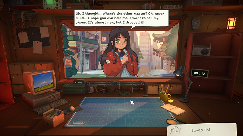 A young woman in red holds a phone at a cozy electronics repair desk with vintage gear and a Japanese street view outside.