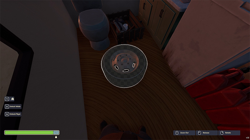 First-person view inside the player’s vehicle: a metal wheel rim rests on a wooden floor; to the left is a ceramic toilet, behind it a cabinet with handles and an open wooden crate containing bottles and containers; to the right, a sink countertop and red plastic fuel jugs are visible.