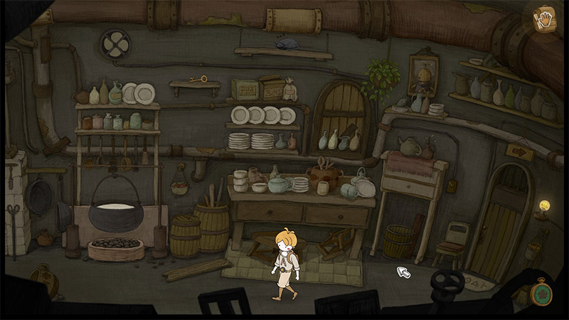 A blonde traveler stands in a dim, rustic kitchen. Wooden shelves hold pottery and dishes, a large pot hangs over the hearth, barrels sit in the corner, and faint light filters through a small arched window.