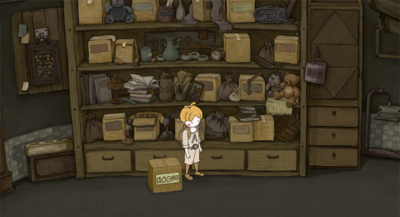 A blonde youth with a backpack stands in a storeroom packed with boxes and old belongings. A tall wooden shelf in front of them holds books, stuffed toys, and jars, with a labeled cardboard box on the floor at their feet.