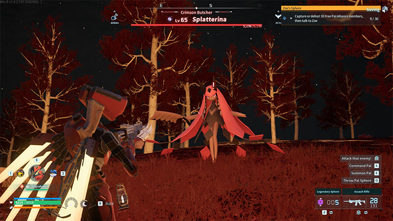 Nighttime scene: The player confronts Splatterina (Level 65, title “Crimson Butcher”) at the boss spawn location, surrounded by bare crimson trees and deep-red grass under a star-dusted night sky.