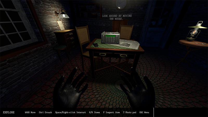 First-person view in a dim stone-brick room, facing a wooden table with a digital safe and newspaper, illuminated by electric lamps on both sides in a dark, eerie atmosphere.