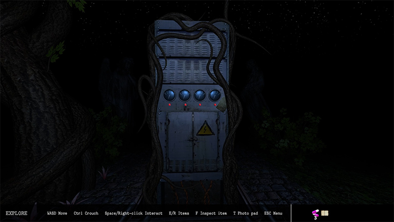 A vine-entwined metal power cabinet in a dark forest at night, featuring blue indicator lights and a high-voltage warning sign, used to activate the main gate power.