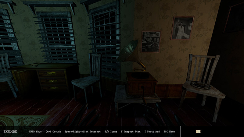 A gloomy old room with shuttered blinds, a vintage gramophone in the corner, and old photographs on the wall.