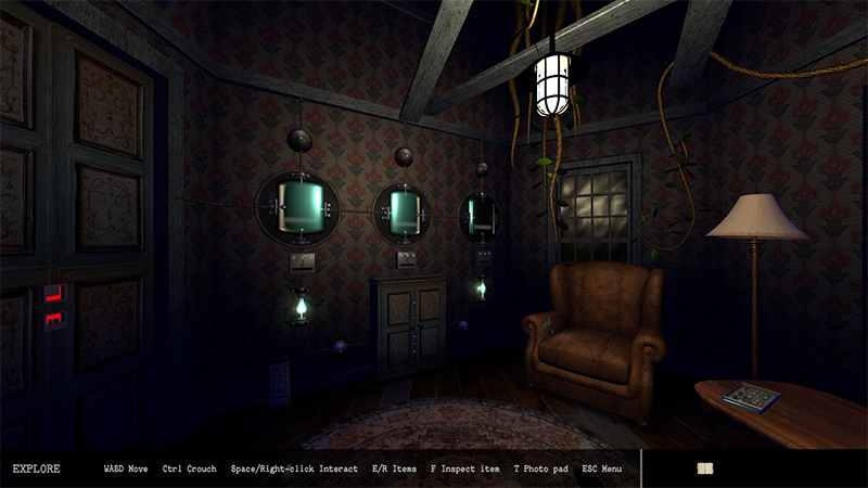 A dim puzzle room with three circular mechanism devices mounted on the wall, illuminated by hanging lamps, with a leather armchair and floor lamp nearby.