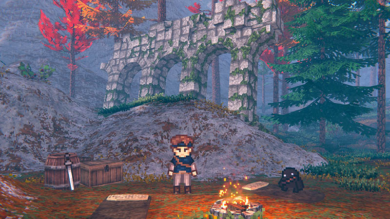 Pixel art forest scene with adventurer Bob and his companion Will sitting by a campfire, ancient stone ruins in the background.