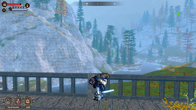 Bob and Will stand on a wooden bridge, sword in hand, overlooking a misty valley and river.